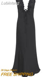 Lubintang Sexy Deep V Neck Lace Women Maxi Dress Black Patchwork Backless Spaghetti Strap Dress Autumn New Elegant Party Clubwear 0410