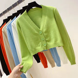 Lubintang Cropped Cardigan Women Korean Short Sweater Long sleeve Crop Top V neck Fashion Y2k Clothes Green Blue