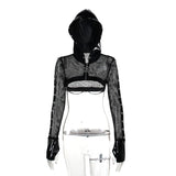 Lubintang Summer New Dark Wind Personality Trend Self-Building Leather Printed Mesh Hoodie Blouse Women's Dress