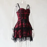 Lubintang Dark Wind Summer New Gothic Plaid Style Girdle Waist-Deep V Suspender Dress Woman