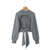 Lubintang New Street Style Open-Back Knitted Sweater In Autumn Is Tied With A Bow.