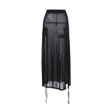 Lubintang Sexy Perspective Net Gauze Splicing Forked Skirt Dark Wind High Waist Design Sense Long Skirt Woman