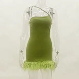 Lubintang Hairy Pendulum Slanted Shoulder Strap Hip Dress Sexy Slim Spicy Girl Bare Back Fashion Skirt