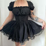 Lubintang Shoulder Lace Spliced Dress Dark Style Waist Shows A Thin And Fluffy Short Skirt Woman