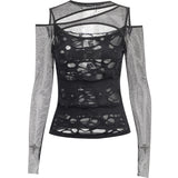 Lubintang Autumn New Personality Women's Wear Dark Wind Hot Girl Sexy Slim Grid Hole Long-Sleeved Top Girl