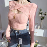 Lubintang Knitted Kink Hollowed-Out Long-Sleeved Blouse 2024 Fall Women's Fashion Leisure Slim Bottomed Shirt