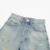 Lubintang Spring Style High-Waisted Denim Shorts Decorated With Holes 2569073