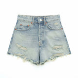 Lubintang Spring Style High-Waisted Denim Shorts Decorated With Holes 2569073