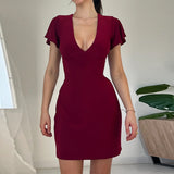 Lubintang Sexy V Collar Waist Shows Thin Short-Sleeved Dress Temperament Slim Casual Pure Color Hip Skirt Woman