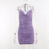 Lubintang Drill Chain Hanging Neck Collar Sexy Bare Back Dress Shrunken Pleats Show Thin Spicy Girls Short Skirt