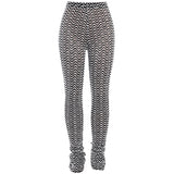 Lubintang High-Waisted Black-And-White Corrugated Buttocks Pile Of Fashionable And Casual Spicy Girls Slim Trousers