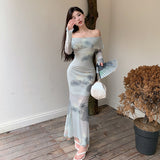 Lubintang Autumn New Style Elegant Slim Bag Hip Skirt Fashion Net Cloth Printed Shoulder Dress For Women