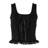 Lubintang Summer New Black Vest Ins Square Collar Knitted Lace Sleeveless Halter Top