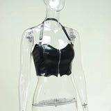 Lubintang Dark Bat Halter Top Girl PU Sexy Hot Girl Navel Zipper Tight Beauty Back Sling