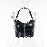 Lubintang Dark Bat Halter Top Girl PU Sexy Hot Girl Navel Zipper Tight Beauty Back Sling