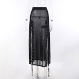 Lubintang Sexy Perspective Net Gauze Splicing Forked Skirt Dark Wind High Waist Design Sense Long Skirt Woman