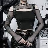 Lubintang Punk Style Hollowed-Out Long-Sleeved Women's Blouse With A New Sexy Waist Mesh Mesh In The Fall Of 2024