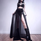 Lubintang Sexy Perspective Net Gauze Splicing Forked Skirt Dark Wind High Waist Design Sense Long Skirt Woman