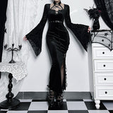 Lubintang Autumn Style New Style Slim Velvet Dress With Dark Goth Horn Sleeves Tied With Forks