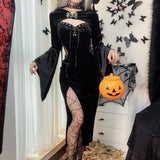 Lubintang Halloween New Women's Dress Suit Hat Horn Sleeve Spider Web Dress