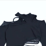 Lubintang Autumn New Sexy Hollowed-Out Slim Long-Sleeved Street Trendsetter Asymmetrical Mesh Stitching Blouse Girl