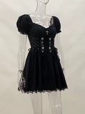 Lubintang Cross Print Strap Shoulder Lace Spliced Dress Dark Sexy Slim Princess Dress