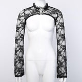 Lubintang Horn Sleeve Black Collar V Inner Blouse The Court Tight Long-Sleeved Perspective Lace Bottomed Shirt