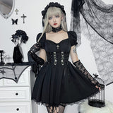 Lubintang Cross Print Strap Shoulder Lace Spliced Dress Dark Sexy Slim Princess Dress