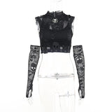 Lubintang Dark Wind Netting Skull Lace Vest Two-Piece Set Spring Ins Sexy Inner Suit