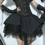 Lubintang High Waist Irregular Lace Stitching Short Skirt Dark Style Fashion Leisure Full-Length Skirt