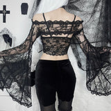 Lubintang Dark Lace Stitching Blouse Femininity Sexy Hot Girl Shoulder Net Long-Sleeved Cardigan