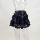 Lubintang Zipper Lace Splicing Tie Short Skirt Dark Summer Street Fashion Leisure Pleated Skirt