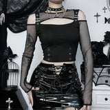 Lubintang Punk Style Hollowed-Out Long-Sleeved Women's Blouse With A New Sexy Waist Mesh Mesh In The Fall Of 2024