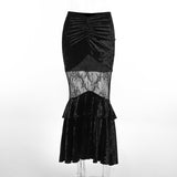 Lubintang Autumn New Sexy Perspective Embossed Skirt Dark Style Velvet Lace Spliced Half Skirt Girl