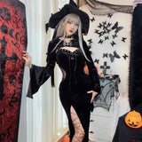 Lubintang Halloween New Women's Dress Suit Hat Horn Sleeve Spider Web Dress