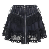 Lubintang Zipper Lace Splicing Tie Short Skirt Dark Summer Street Fashion Leisure Pleated Skirt