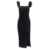 Lubintang Knitted Square Collar Wool Suspender Forked Dress 2024 Spring Women's Fashion Sexy Slim Dress