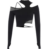 Lubintang Autumn New Sexy Hollowed-Out Slim Long-Sleeved Street Trendsetter Asymmetrical Mesh Stitching Blouse Girl