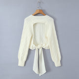 Lubintang New Street Style Open-Back Knitted Sweater In Autumn Is Tied With A Bow.