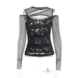 Lubintang Autumn New Personality Women's Wear Dark Wind Hot Girl Sexy Slim Grid Hole Long-Sleeved Top Girl