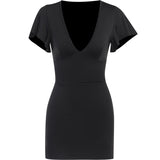 Lubintang Sexy V Collar Waist Shows Thin Short-Sleeved Dress Temperament Slim Casual Pure Color Hip Skirt Woman