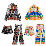 Lubintang Summer Style Fluffy Sleeve Printed Shirt Printed Home Pants Printed Shorts Set