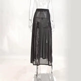 Lubintang Sexy Perspective Net Gauze Splicing Forked Skirt Dark Wind High Waist Design Sense Long Skirt Woman