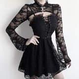 Lubintang Horn Sleeve Black Collar V Inner Blouse The Court Tight Long-Sleeved Perspective Lace Bottomed Shirt