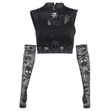 Lubintang Dark Wind Netting Skull Lace Vest Two-Piece Set Spring Ins Sexy Inner Suit