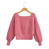 Lubintang New Square Collar Long-Sleeved Twist Textured Short Sweater In Autumn