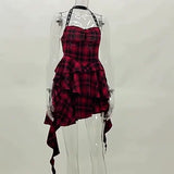 Lubintang Summer Fashion Fashion Spice Girl With Bare Back And Slim Red Lattice Irregular Neck Dress