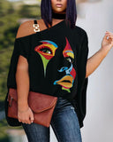 Lubintang Plus-Size Women's Wear 2024 Summer New Fashion Off-Shoulder Casual Printed T-Shirt