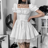 Lubintang Shoulder Lace Spliced Dress Dark Style Waist Shows A Thin And Fluffy Short Skirt Woman