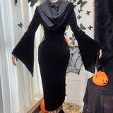 Lubintang Halloween New Women's Dress Suit Hat Horn Sleeve Spider Web Dress